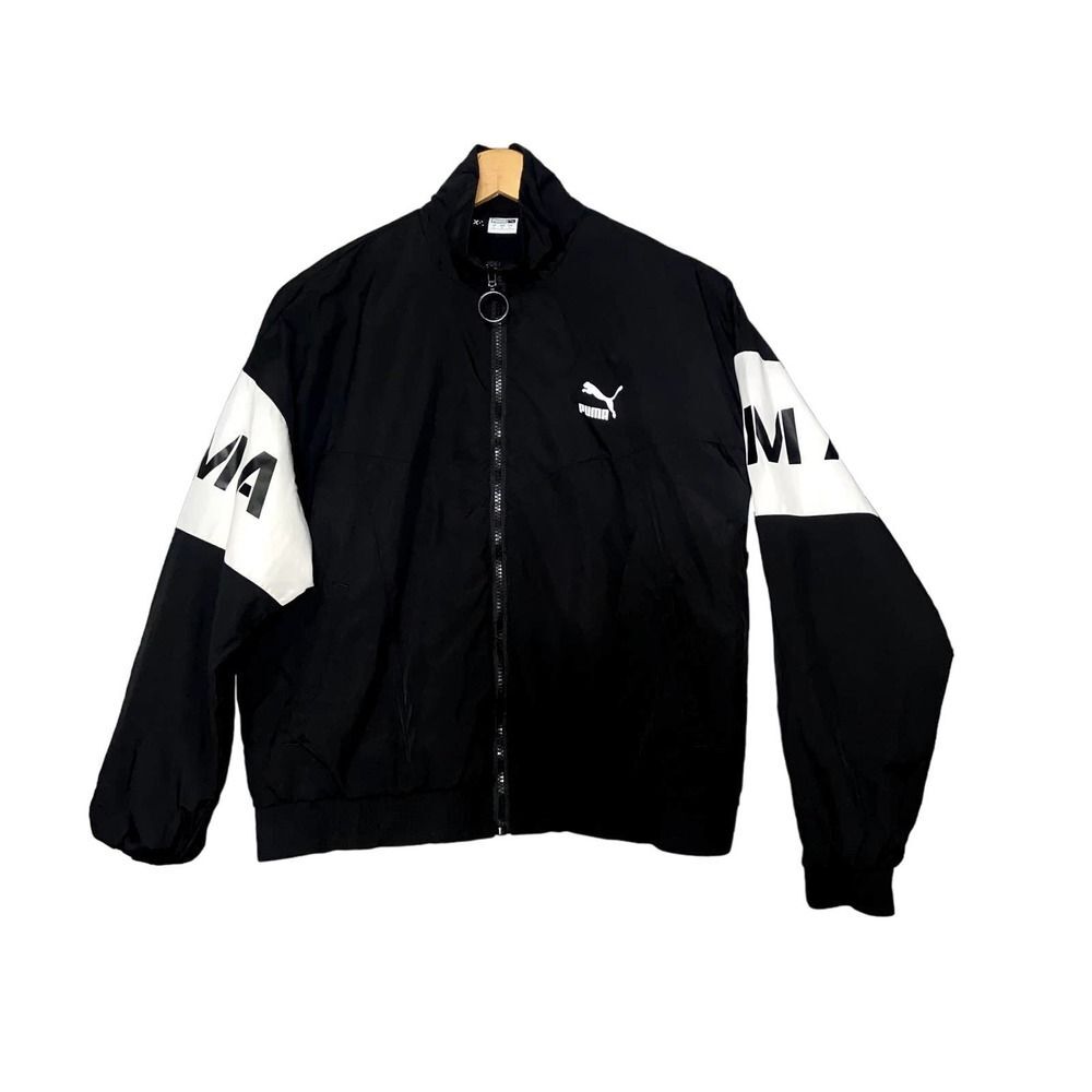 Women Puma Black White Nylon Jacket Zipper Front Large !